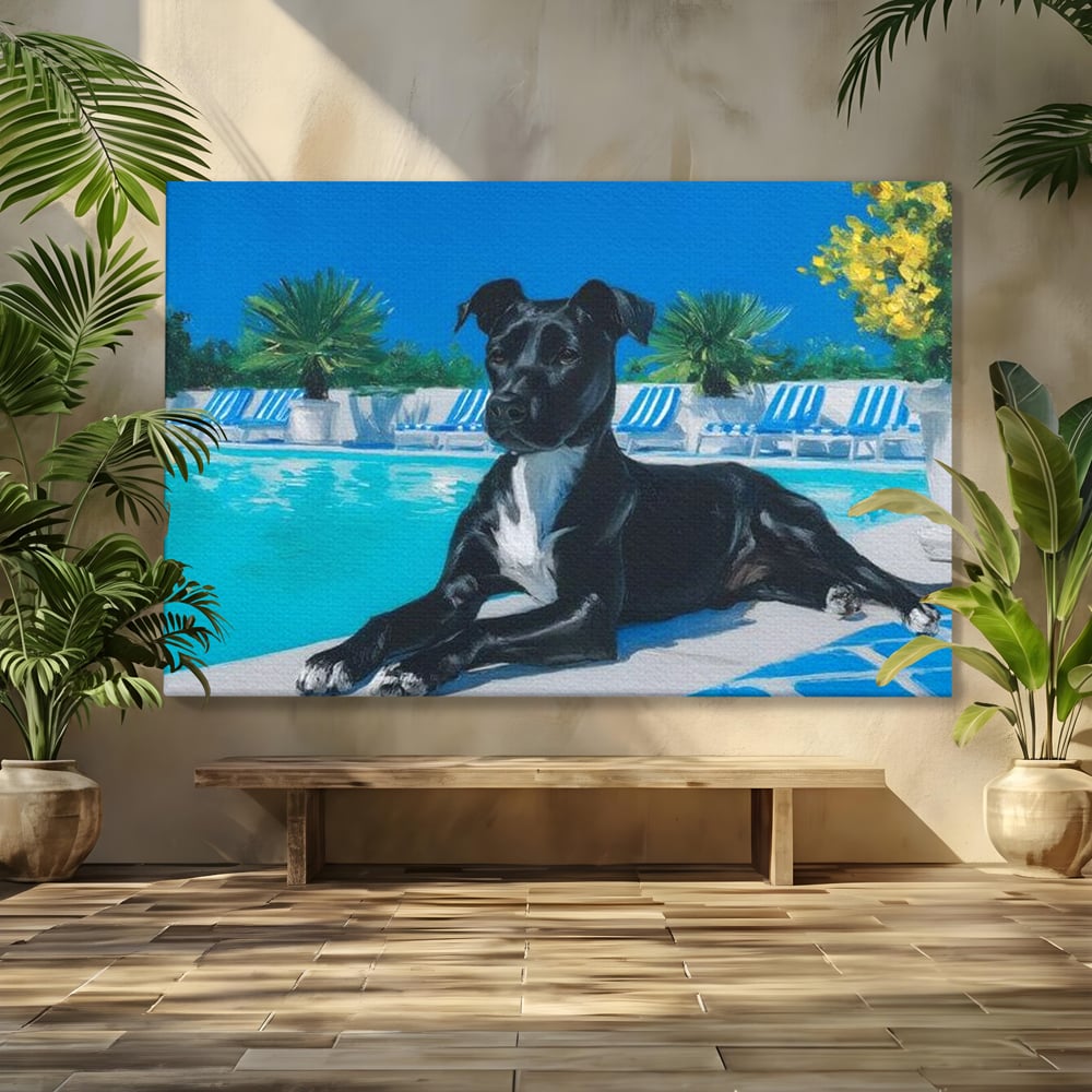 Tablou canvas cu tablou canvas cu caine negru la piscina, fara rama, pe sasiu de lemn